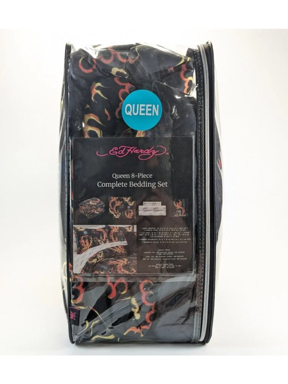 Ed Hardy Queen Comforter Set Shams Pillow Sheets w Black Roses Flames Black